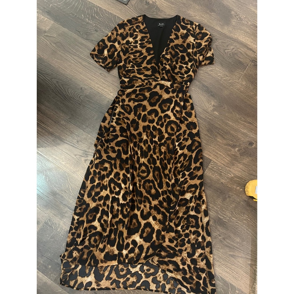 Bardot‎ Leopard Print Wrap Midi Dress Brown Black Animal Print V-Neck US 6 Small
